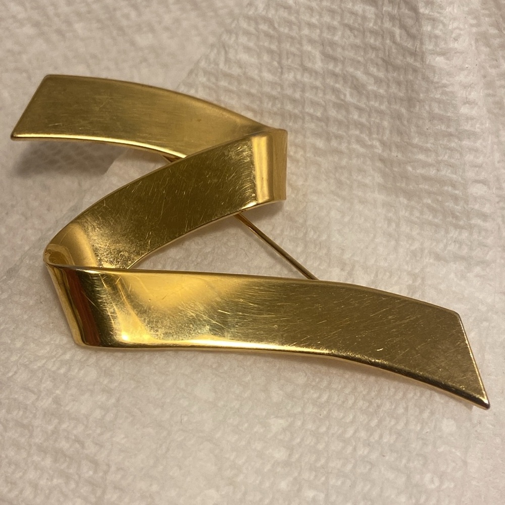 Vintage Monet Brooch Zig Zag Ribbon pin Z gold tone pin 70s 80s mod